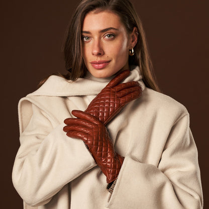 Emilia (brown) - Classic Italian lambskin leather gloves with cashmere lining and checkered pattern — photo 1 of 10