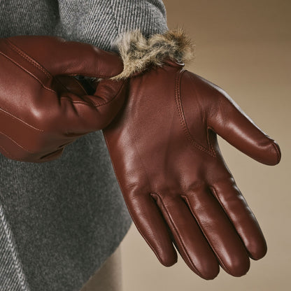 Ezra (brown) - Lambskin leather gloves with warm rabbit fur lining and touchscreen feature — photo 6 of 10