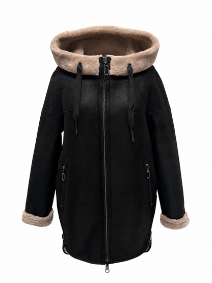 Grazia Reversible Faux Shearling Hooded Coat in Dark Chocolate/Beige