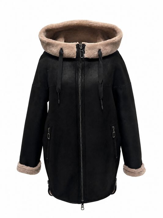 Grazia Reversible Faux Shearling Hooded Coat in Dark Chocolate/Beige