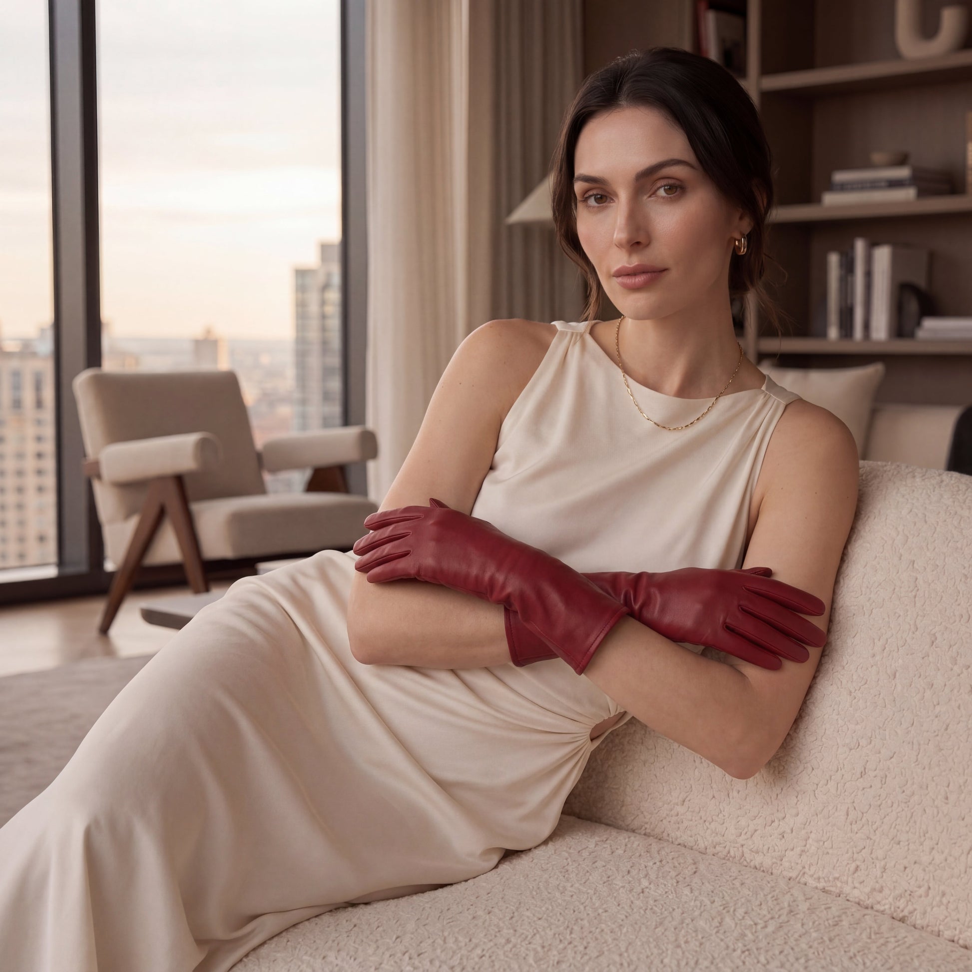 Leonora (deep red) - Italian cashmere lined 6-button length leather gloves — photo 5 of 10