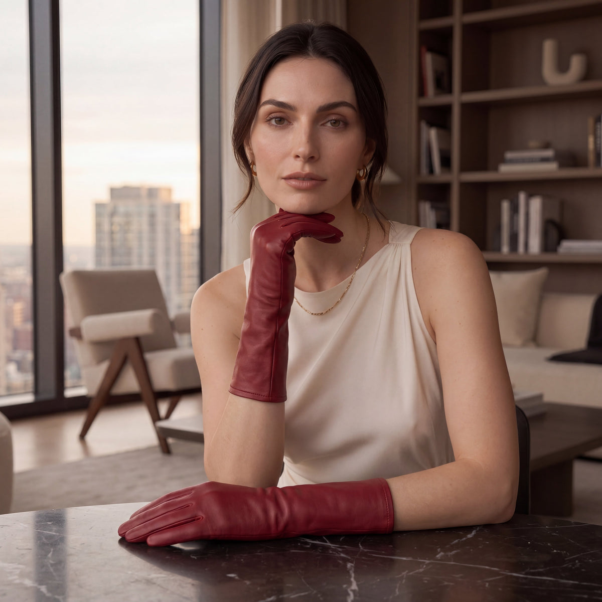 Leonora (deep red) - Italian cashmere lined 6-button length leather gloves — photo 4 of 10