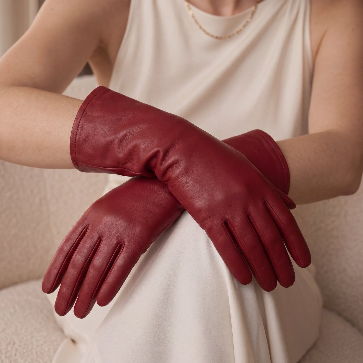 Leonora (deep red) - Italian cashmere lined 6-button length leather gloves — photo 3 of 10