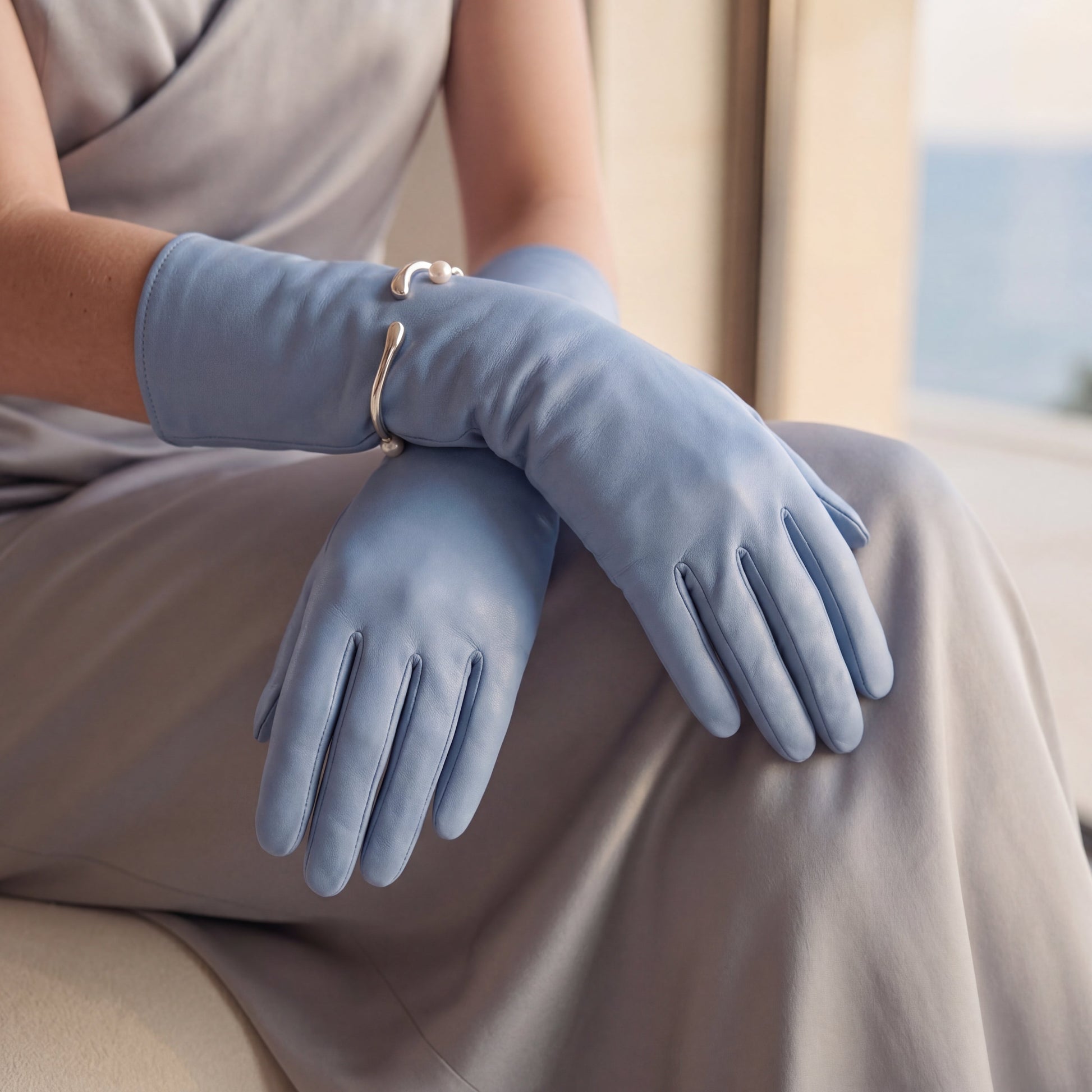 Leonora (sky) - Italian cashmere lined 6-button length leather gloves — photo 3 of 10