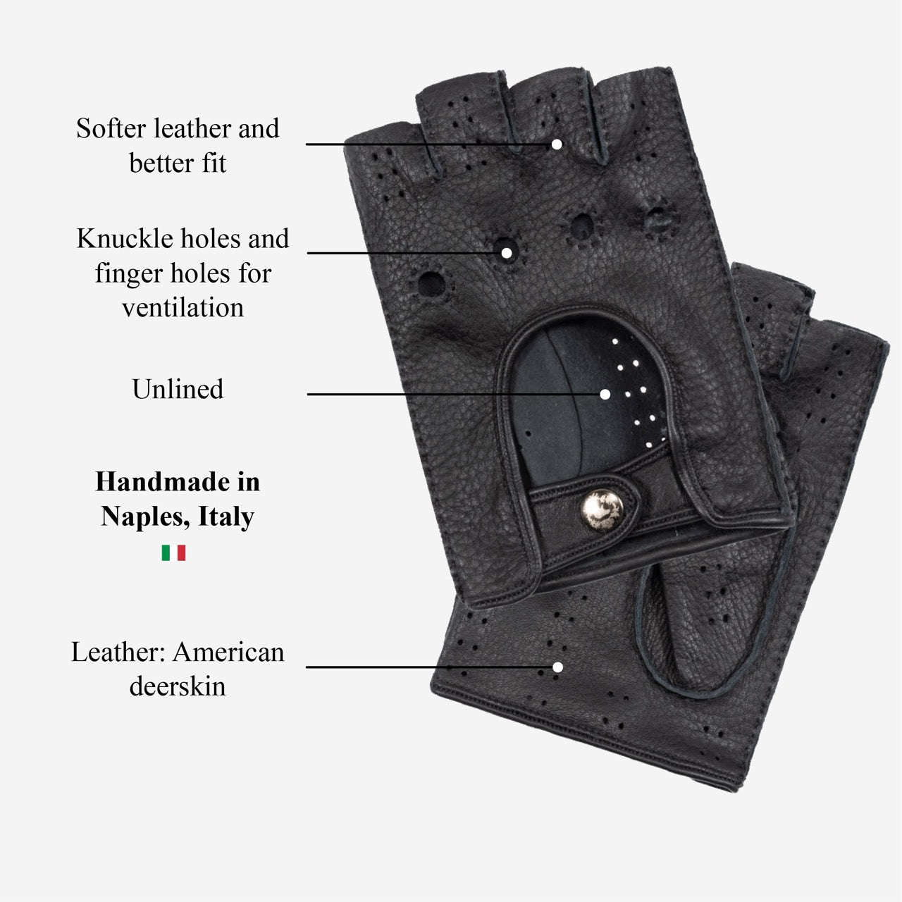 Vincenzo (black) - Fingerless Italian driving gloves made of American deerskin leather — photo 8 of 10
