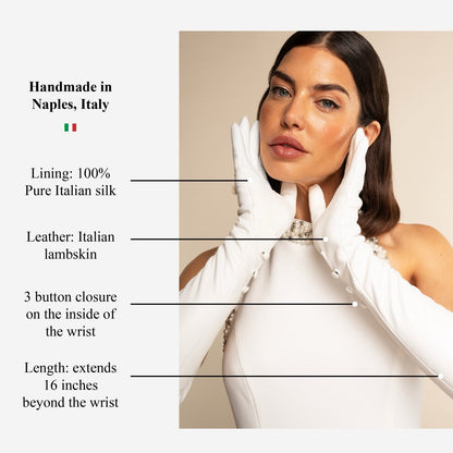 Angelina (white) - Italian silk lined 16-button length leather bridal / opera gloves — photo 9 of 10