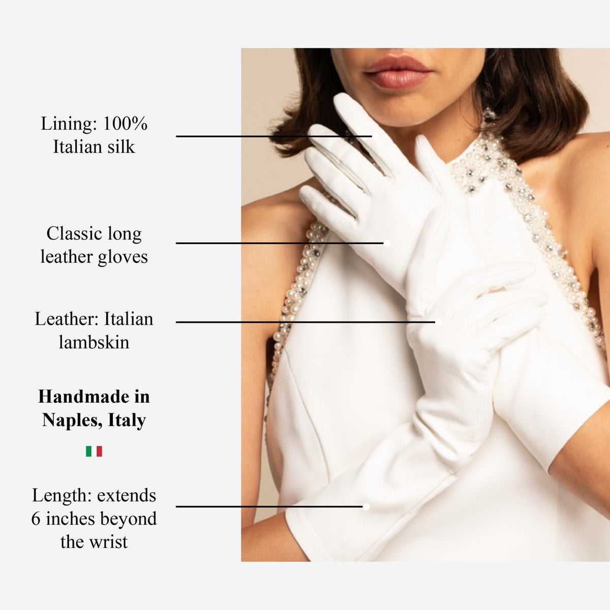 Angelina (white) - Italian silk lined 6-button length leather bridal / opera gloves — photo 8 of 10