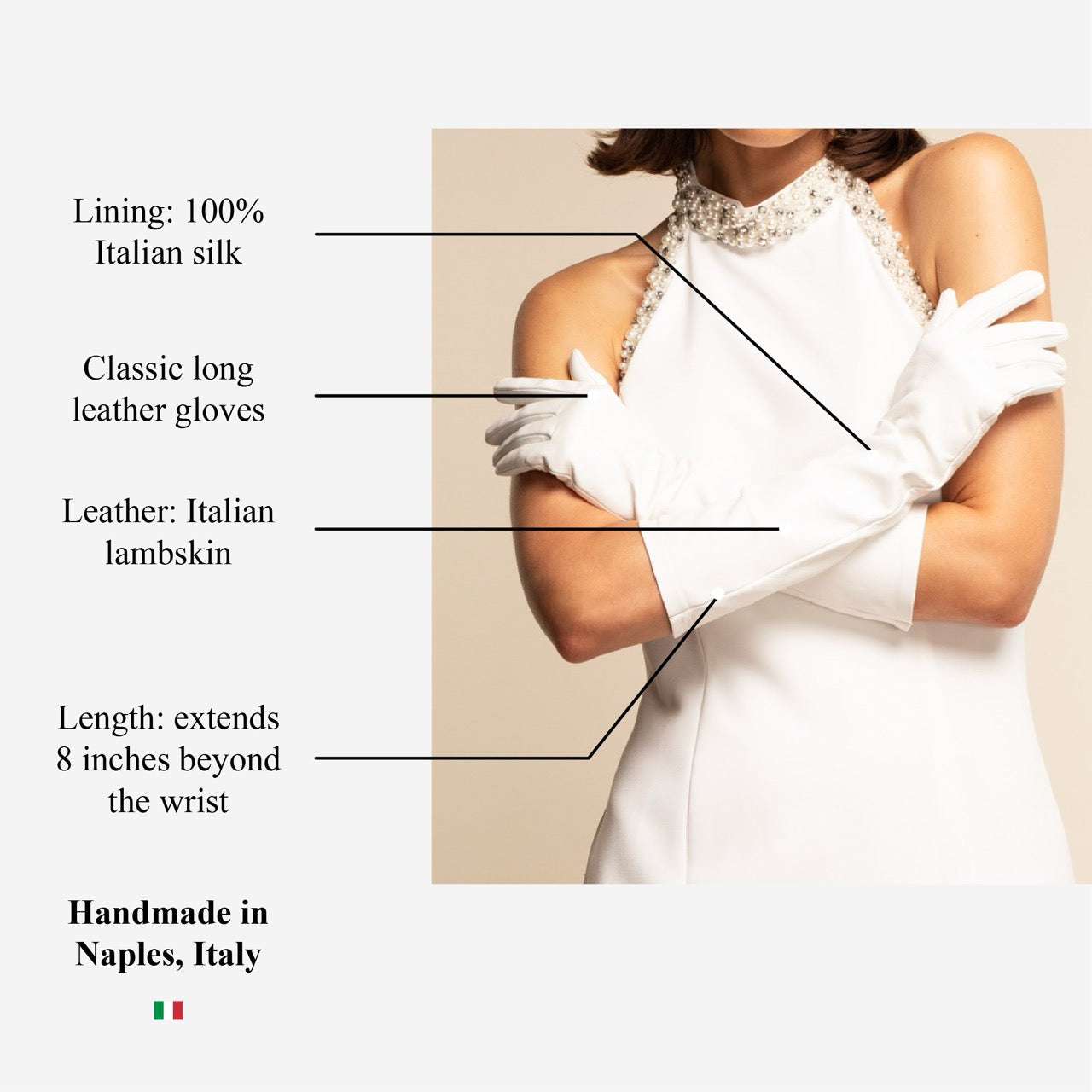 Angelina (white) - Italian silk lined 8-button length leather bridal / opera gloves — photo 10 of 10