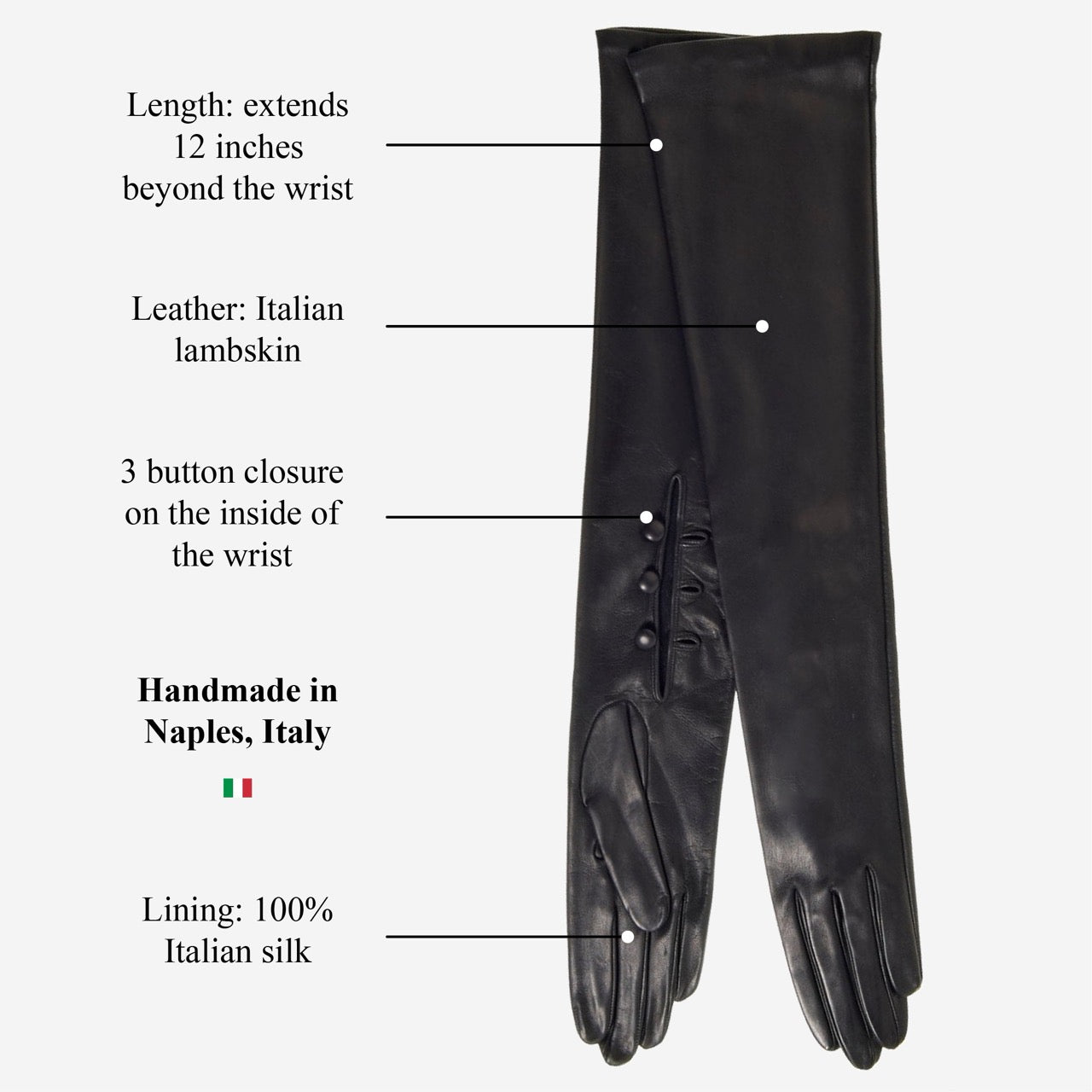 Elena (black) - Italian silk lined 12-button length leather opera gloves