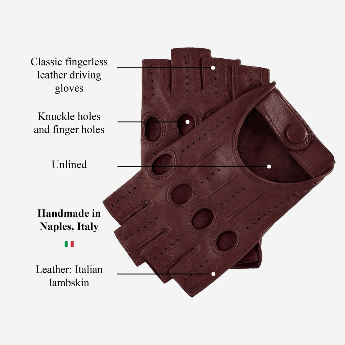 Rossana (cordovan) - Italian fingerless lambskin leather driving gloves — photo 6 of 10