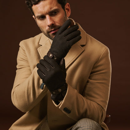 Fabrizio (dark brown) - Italian tweed men’s gloves with touchscreen capability and adjustable snap button — photo 2 of 10