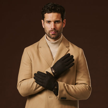 Fabrizio (dark brown) - Italian tweed men’s gloves with touchscreen capability and adjustable snap button — photo 7 of 10