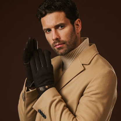 Fabrizio (dark brown) - Italian tweed men’s gloves with touchscreen capability and adjustable snap button — photo 9 of 10