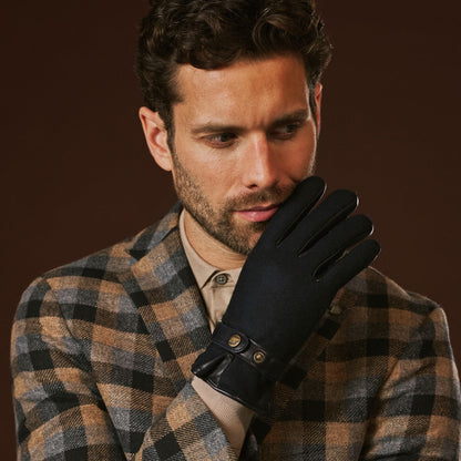 Fabrizio (navy blue) - Tweed men's gloves with touchscreen capability and adjustable snap button — photo 1 of 10