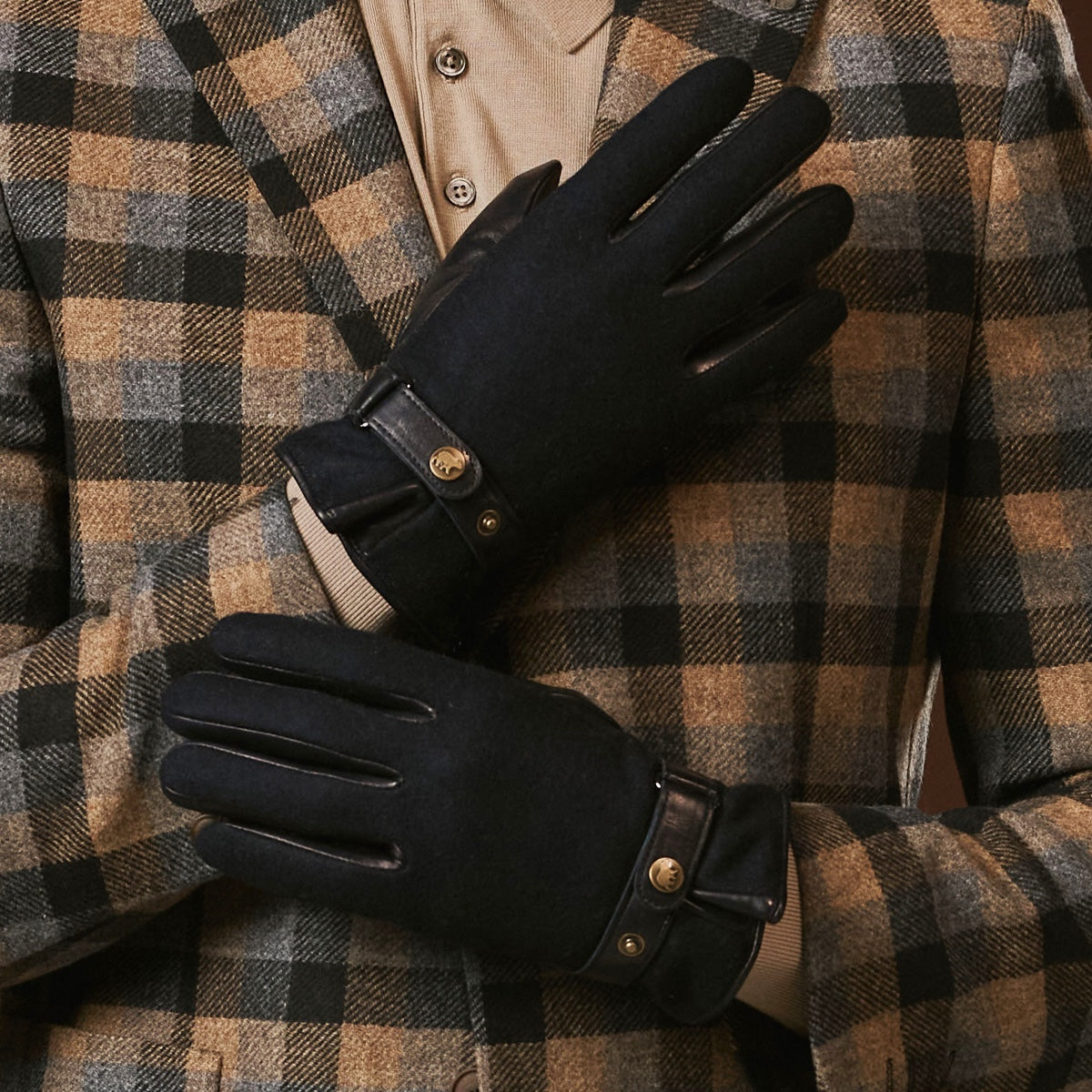 Fabrizio (navy blue) - Tweed men's gloves with touchscreen capability and adjustable snap button — photo 4 of 10