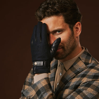 Fabrizio (navy blue) - Tweed men's gloves with touchscreen capability and adjustable snap button — photo 10 of 10