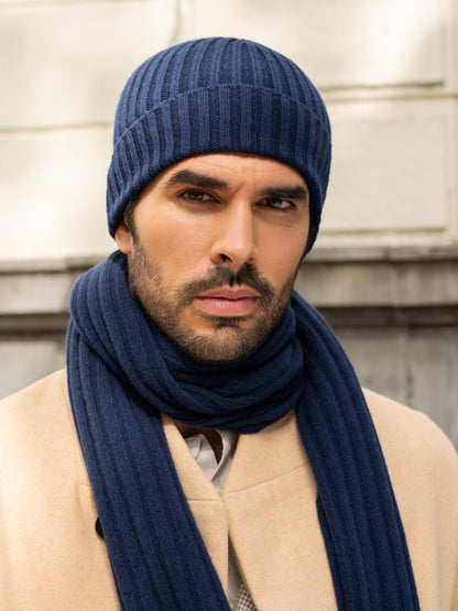 Milano (navy blue) - Italian 100% cashmere ribbed beanie (unisex)
