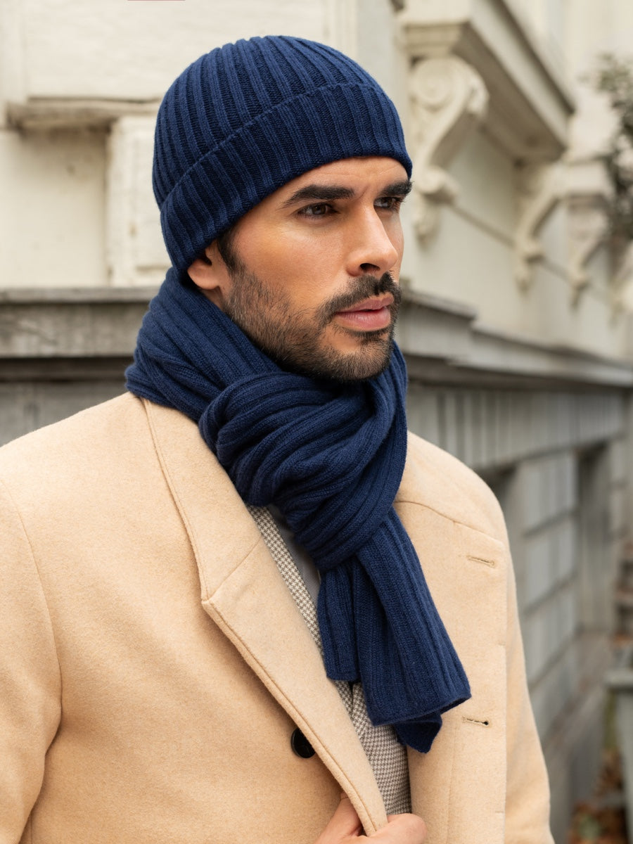 Napoli (navy blue) - Italian 100% cashmere ribbed scarf (unisex) — photo 9 of 10
