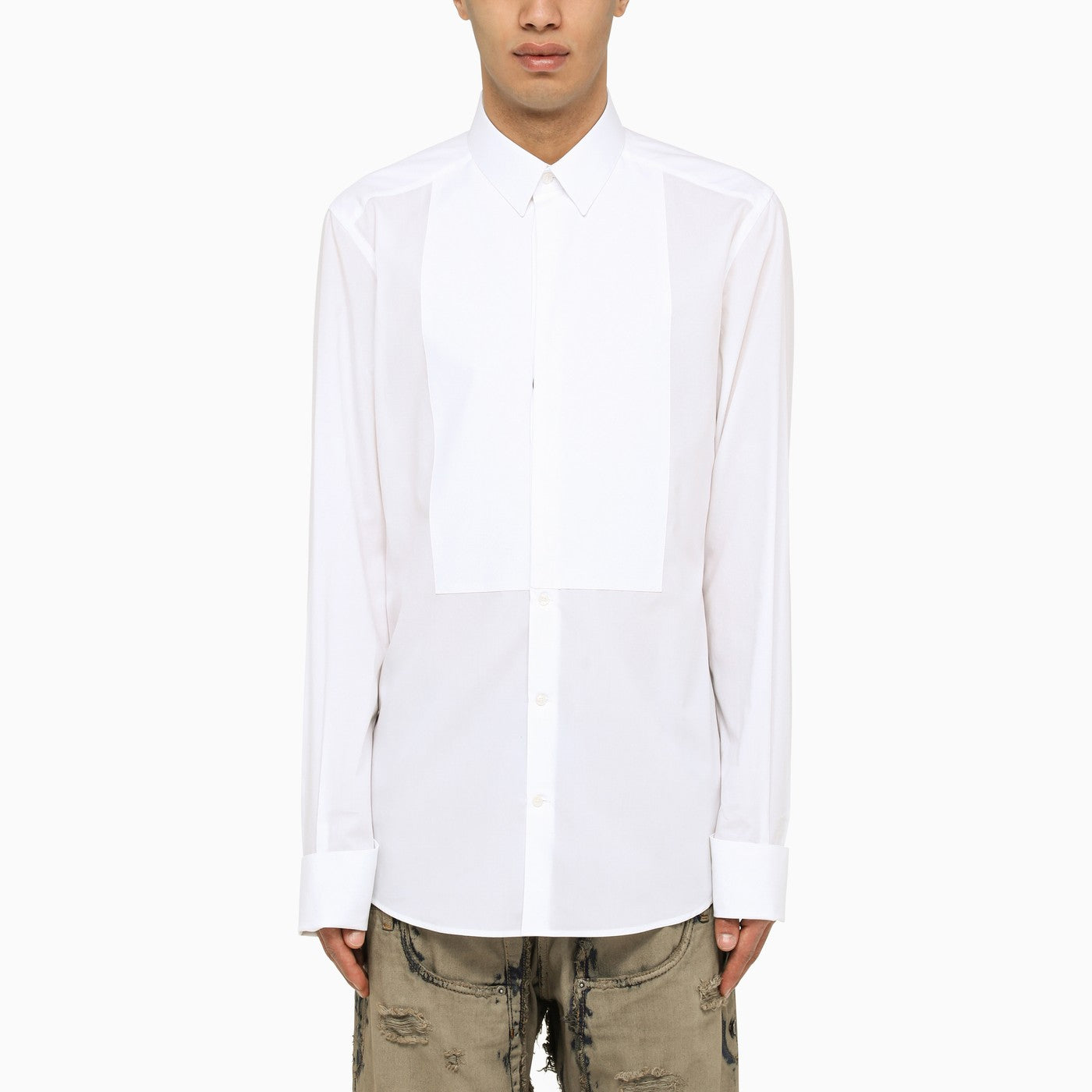 Dolce&Gabbana White Poplin Gold Tuxedo Shirt