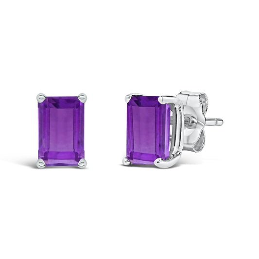 14K White Gold 6x4MM Emerald Shaped Amethyst Solitaire Stud Earrings — photo 2 of 10