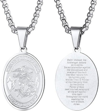 Stainless Steel St. Michael the Archangel Oval Necklace