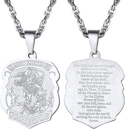 Stainless Steel St. Michael the Archangel Badge Necklace
