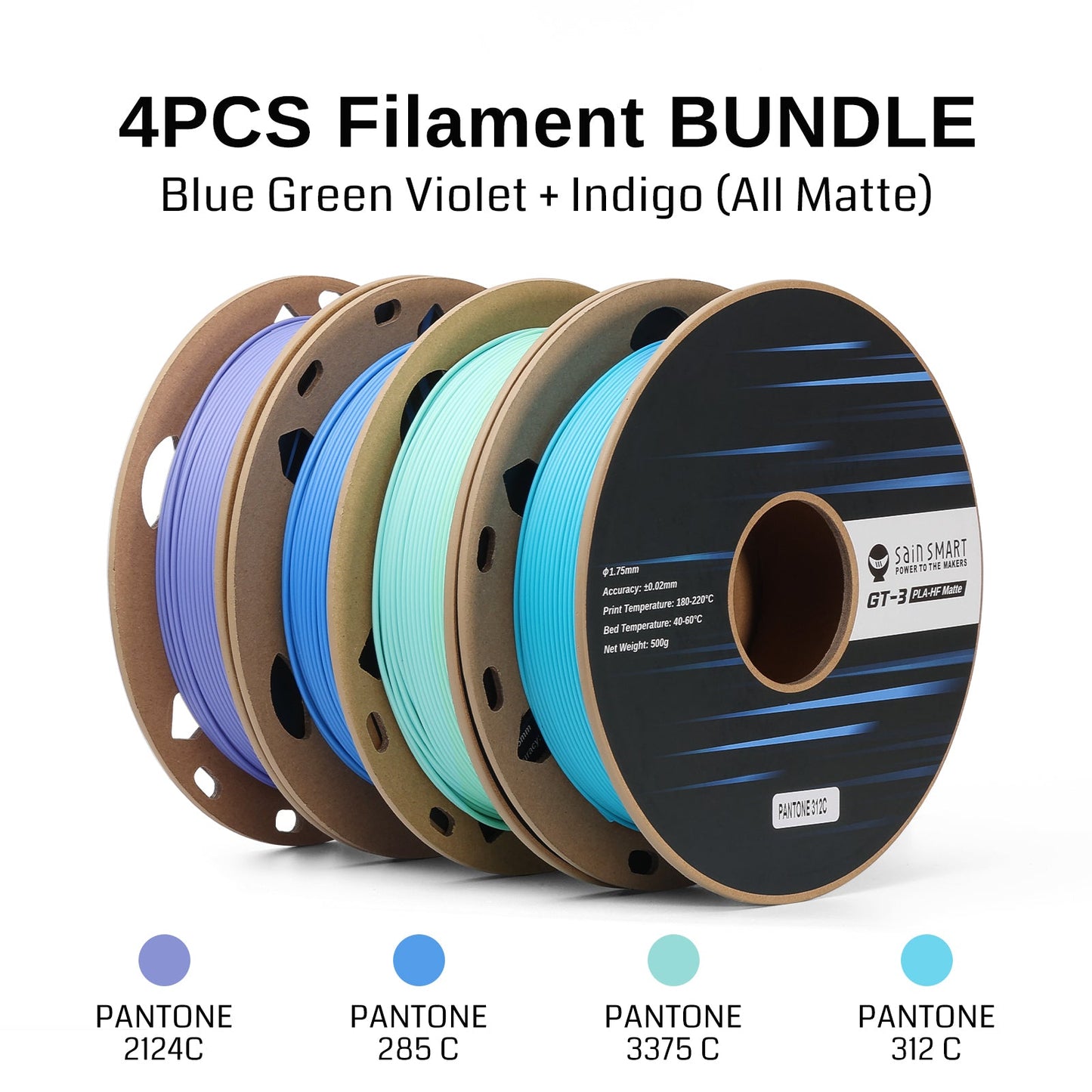 GT-3 High Speed Four-Color Bundle Matte PLA Filament, 1.75mm 500g X 4 Spools, 4.4lbs (2kg) Blue, Green, Violet, Indigo — photo 4 of 10