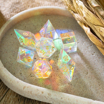 Juego de dados de DND de corte élfico de vidrio dicroico de piedras preciosas