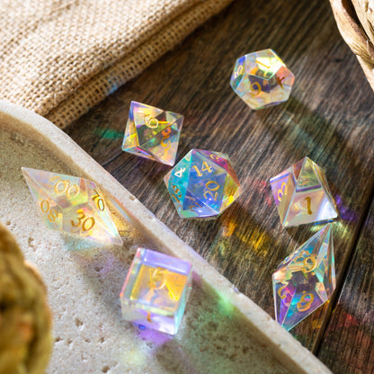 Juego de dados de DND de corte élfico de vidrio dicroico de piedras preciosas