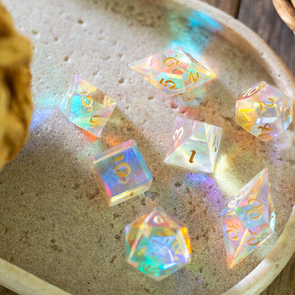 Juego de dados de DND de corte élfico de vidrio dicroico de piedras preciosas