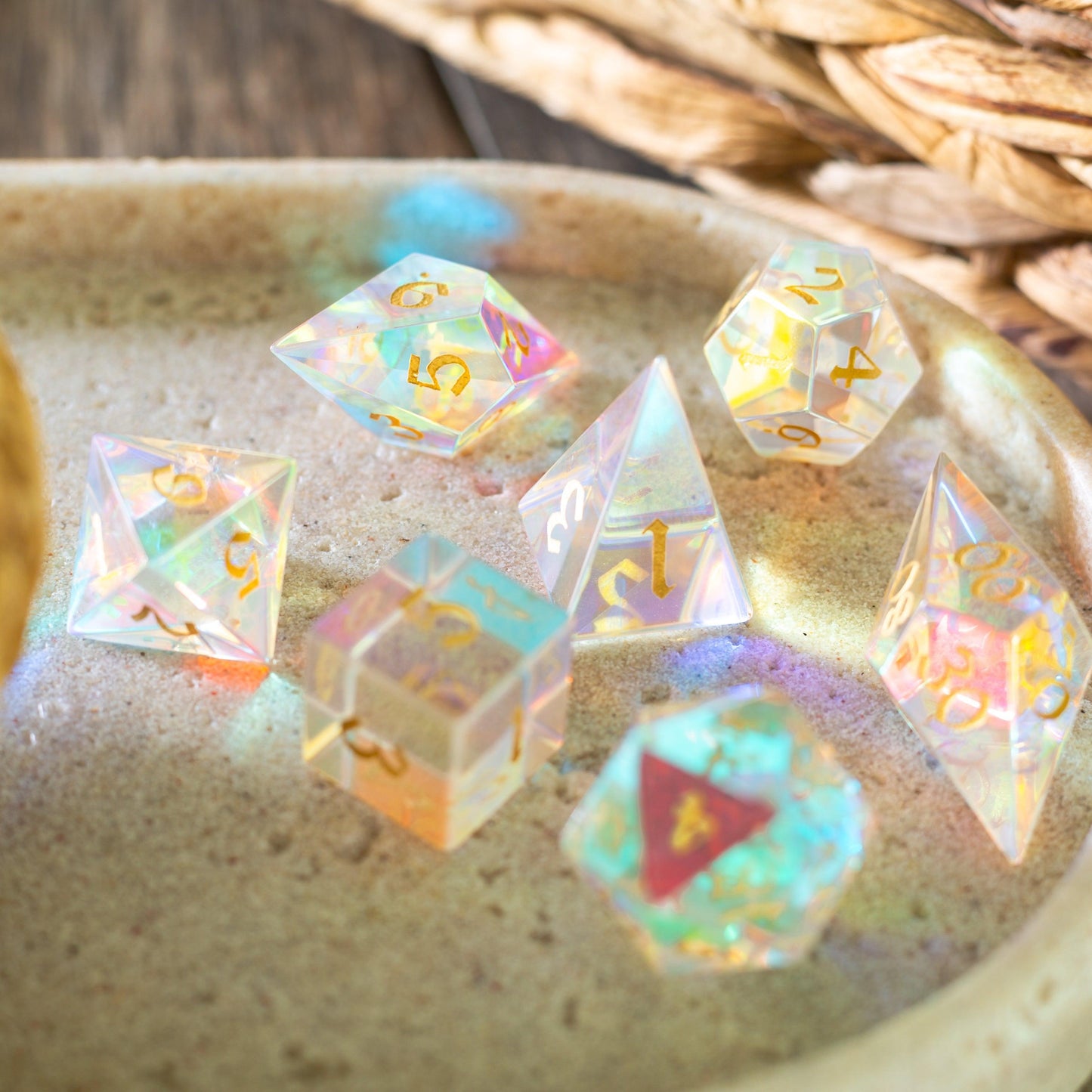 Juego de dados de DND de corte élfico de vidrio dicroico de piedras preciosas