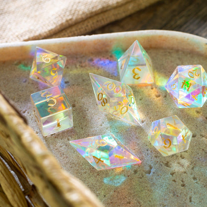 Juego de dados de DND de corte élfico de vidrio dicroico de piedras preciosas