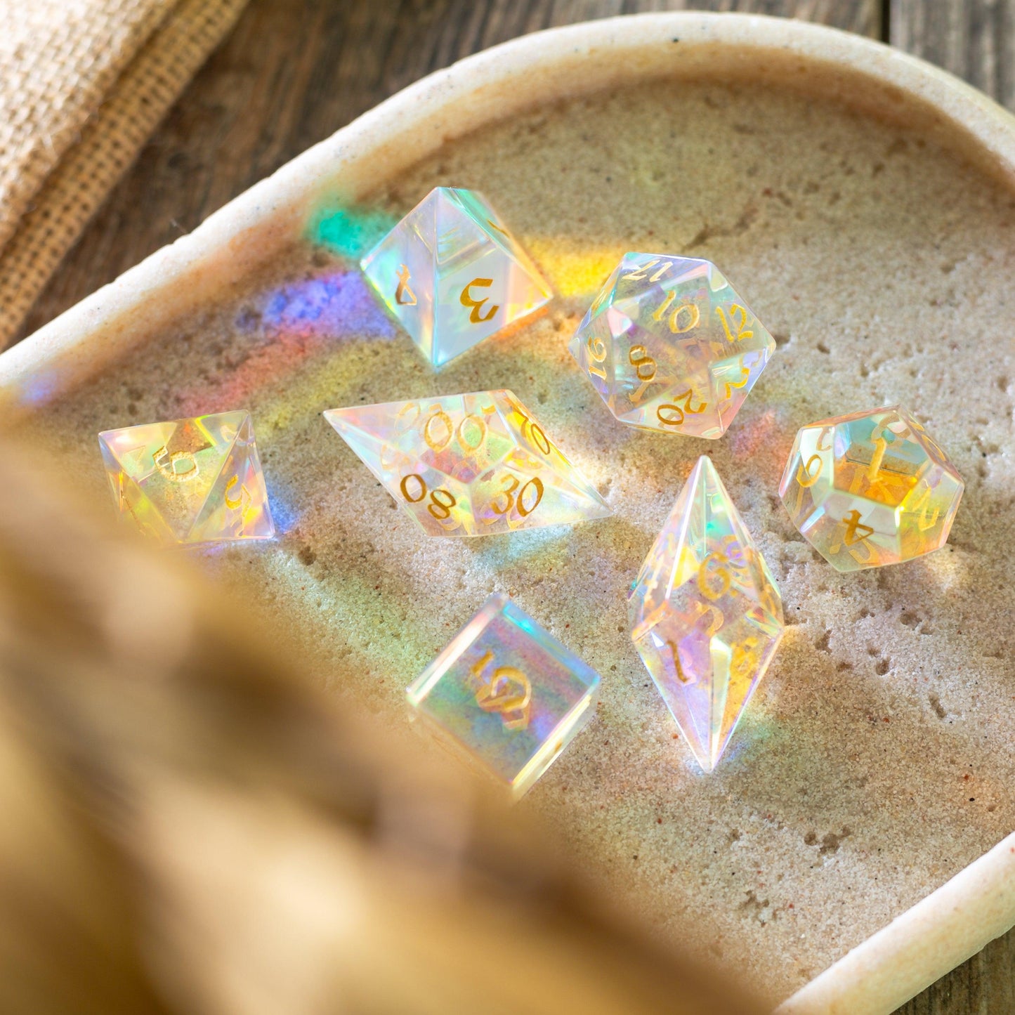 Juego de dados de DND de corte élfico de vidrio dicroico de piedras preciosas