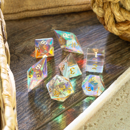 Juego de dados de DND de corte élfico de vidrio dicroico de piedras preciosas