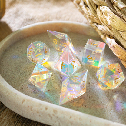 Juego de dados de DND de corte élfico de vidrio dicroico de piedras preciosas