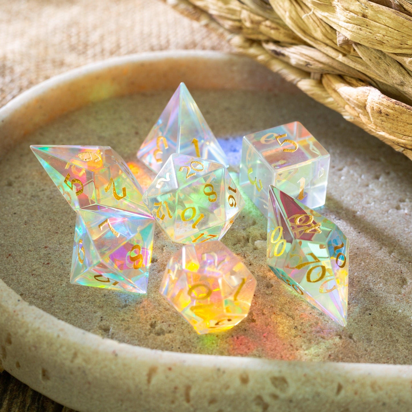Juego de dados de DND de corte élfico de vidrio dicroico de piedras preciosas
