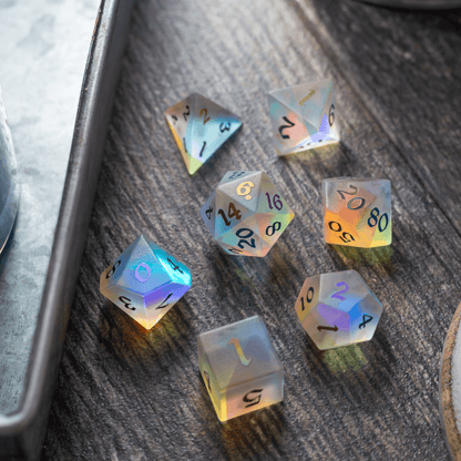 Juego de dados DND de cristal dicromático en relieve (entintado) de piedras preciosas