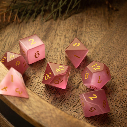 Juego de Dados DND Tallados a Mano de Piedra Rosa Ojo de Gato Sandía Preciosa