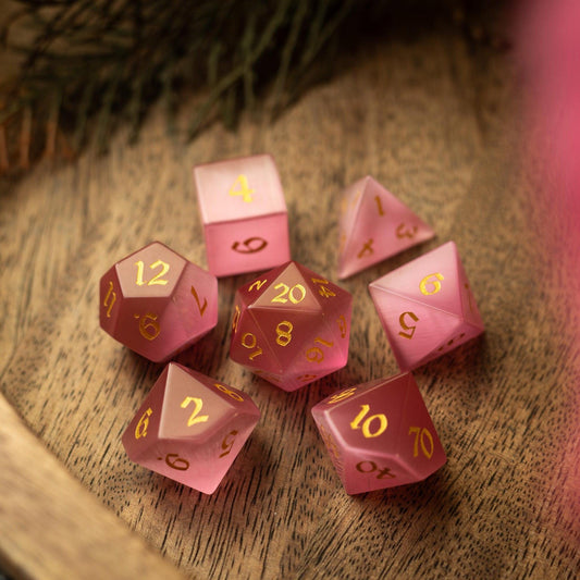 Juego de Dados DND Tallados a Mano de Piedra Rosa Ojo de Gato Sandía Preciosa