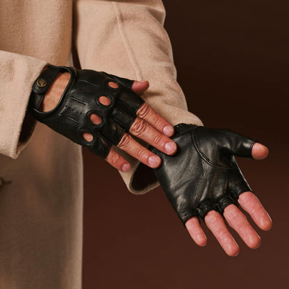 Giuseppe (black) - Italian lambskin fingerless leather driving gloves — photo 5 of 10