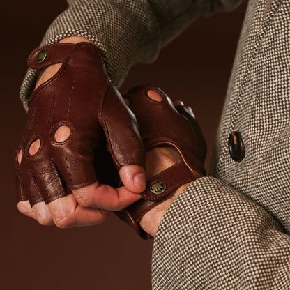 Giuseppe (brown) - Italian lambskin fingerless leather driving gloves — photo 5 of 10