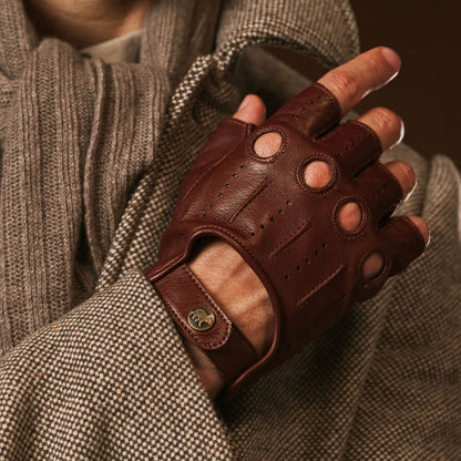 Giuseppe (brown) - Italian lambskin fingerless leather driving gloves — photo 9 of 10