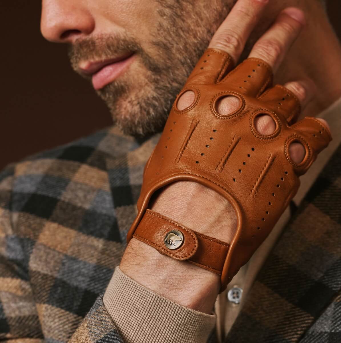 Giuseppe (cognac) - Italian lambskin fingerless leather driving gloves — photo 9 of 10