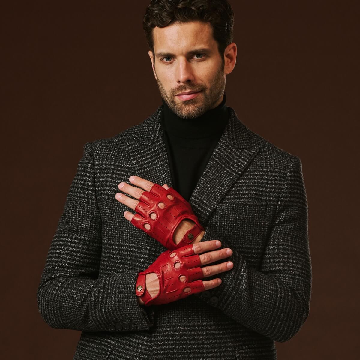 Giuseppe (red) - Italian lambskin fingerless leather driving gloves — photo 3 of 10