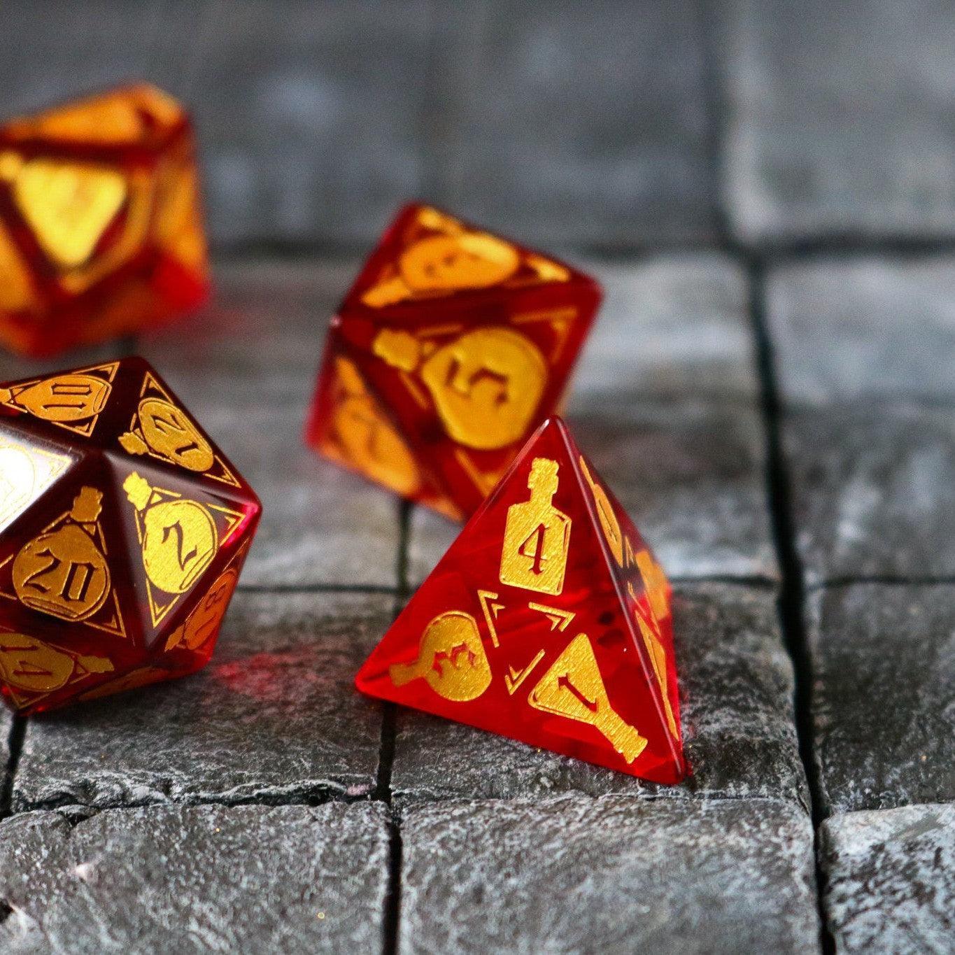 Juego de dados de DND de cristal de circonita roja "Poción de salud"