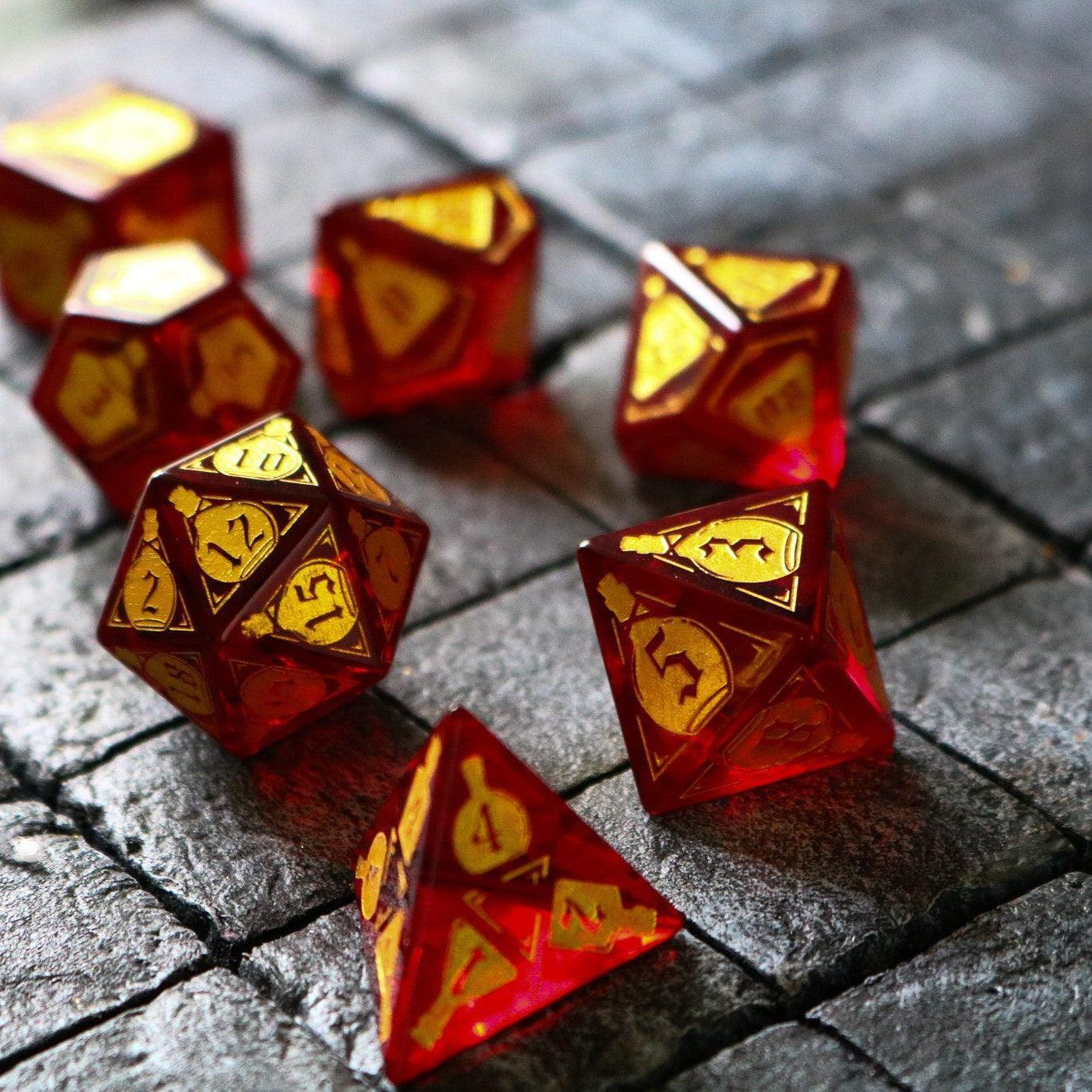 Juego de dados de DND de cristal de circonita roja "Poción de salud"
