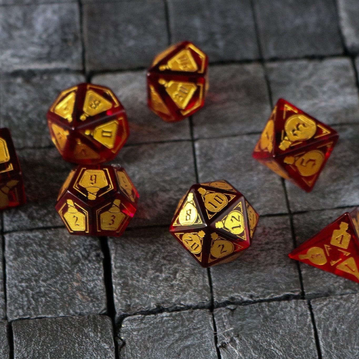 Juego de dados de DND de cristal de circonita roja "Poción de salud"