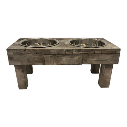 Huntley Pet Berjen Table Elevated Double Bowl Pet Feeder, Brown Wash