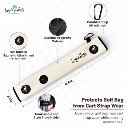 Black Magnetic Golf Cart Strap Sleeve | Neoprene Rubber | Dual Accessory Magnets | Glove Holder | Carabiner Bag Attachment | 18.5 x 3.5 in
