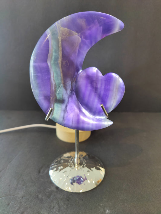 Purple Fluorite Half-Moon & Heart Sculpture on 5" Metal Stand
